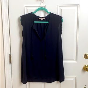 LOFT Ruffle Tie Neck Mixed Media Shell